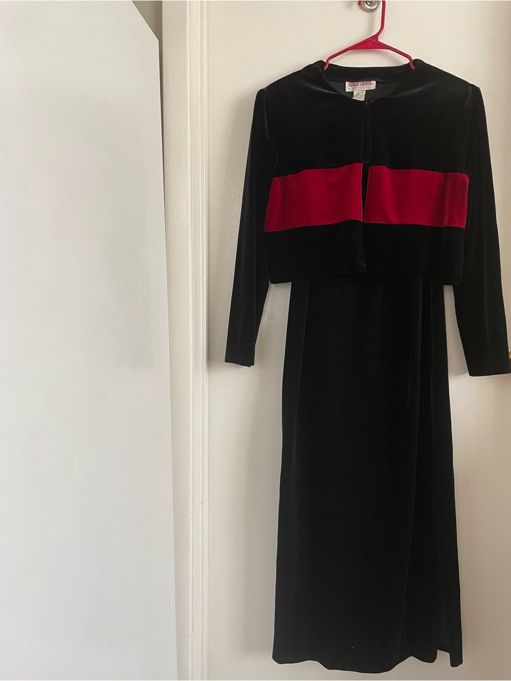 Maggy London Black Velvet Long-Sleeve Dress with Red Band Jacket
